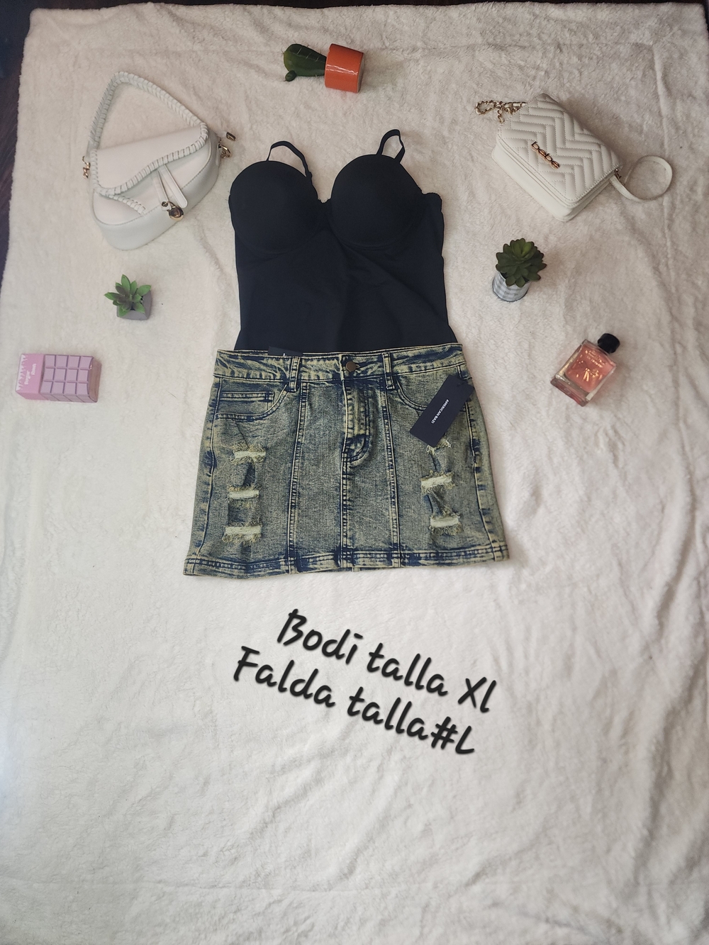 Black Bodysuit with Distressed Acid-Wash Denim Mini Skirt Set